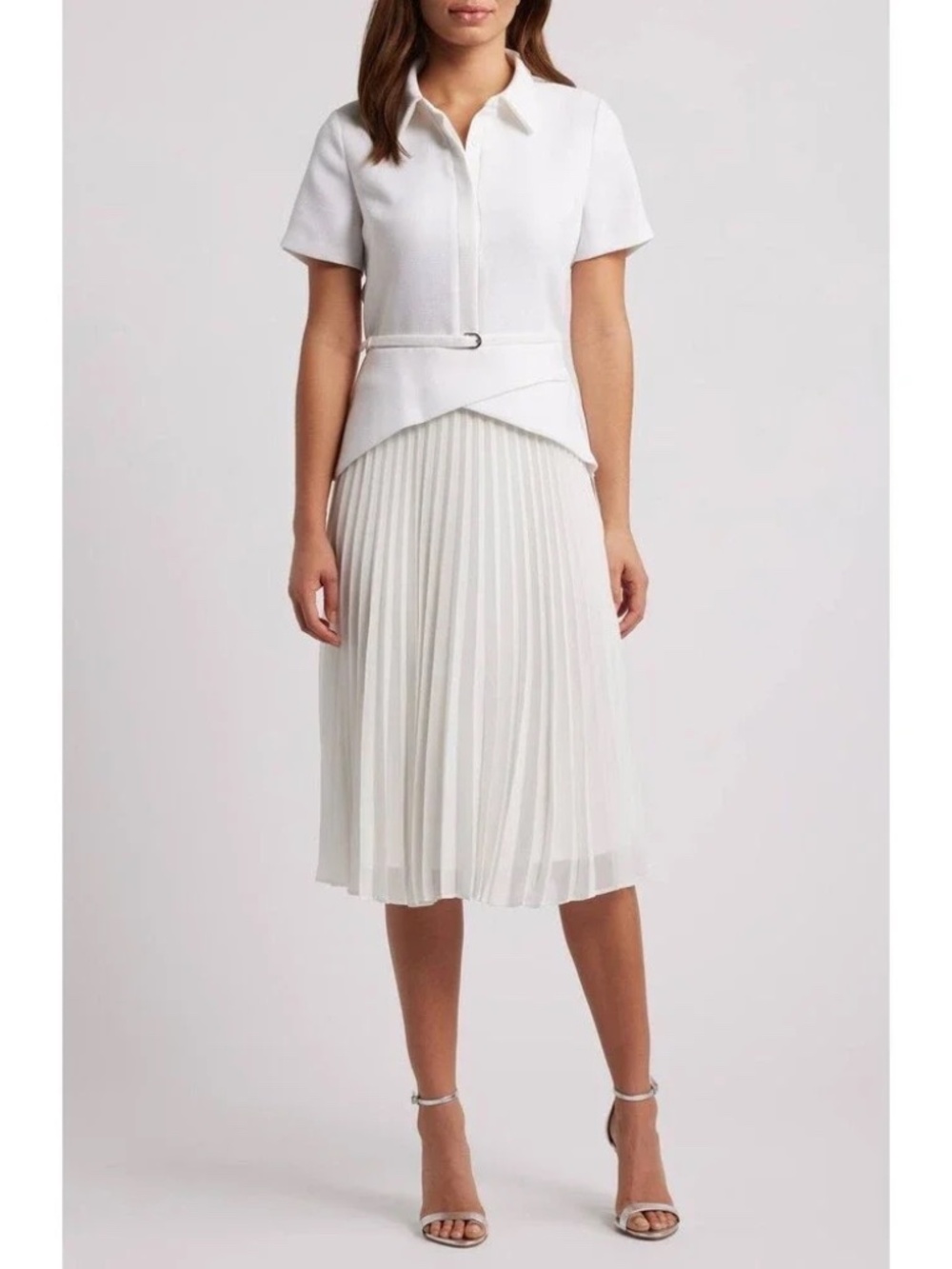 Julia Jordan Mixed‑Media Pleated Midi Dress White 6